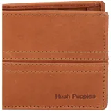 Billetera plegable de cuero natural color tostado, con costuras decorativas horizontales y logo de la marca grabado en la esquina inferior. Cuenta con múltiples compartimentos internos para tarjetas y documentos, además de tecnología de protección RFID.
