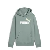 Buzo deportivo Puma color verde con capucha, logo estampado en el pecho y bolsillo tipo canguro.