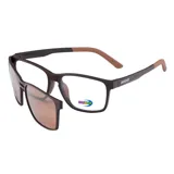 Lentes ópticos con sistema clip-on de sol, armazón de color marrón y diseño rectangular con patillas en tono tostado.