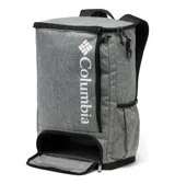 Mochila Columbia de 30 litros con tecnología Omni-Shield que repele la humedad y manchas. Presenta un diseño estructurado en color gris jaspeado con logo vertical de la marca en blanco. Incluye compartimento acolchado para laptop de hasta 13 pulgadas, bolsillos laterales para botellas, panel trasero acolchado, correas ergonómicas y múltiples bolsillos de seguridad.
