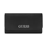 Billetera Guess modelo Abbas, color negro, con textura saffiano. Presenta un diseño tipo sobre con solapa frontal que se cierra con broche. En el centro de la solapa lleva el logo de la marca en metal plateado.