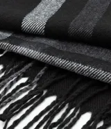 Bufanda larga de punto acrílico color negro, con diseño de cuadros y franjas en blanco y gris.