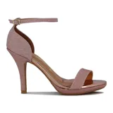 Sandalia de tacón alto Vizzano, color dorado con acabado brillante/glitter. Presenta una tira ancha en la parte delantera y una tira fina ajustable alrededor del tobillo. Tiene plataforma delantera.