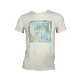 Remera Reef de manga corta color blanco con estampa frontal rectangular que muestra palmeras y la inscripción "Reef".