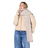 Bufanda larga de tejido de punto con diseño de rayas verticales multicolores sobre base beige y terminaciones con flecos.