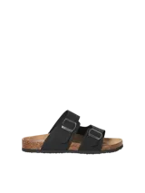 Sandalias estilo Birkenstock color negro con dos tiras ajustables con hebillas metálicas, plantilla anatómica con reborde de corcho y suela de goma.