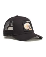 Gorra trucker Goorin Bros color negro de 5 paneles, con frente estructurado y malla trasera. Cuenta con un parche frontal bordado con una calavera y la palabra "Cancelled", visera curva y cierre snapback ajustable.
