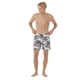 Short de baño Rip Curl modelo Dreamers, con estampado tropical de palmeras y atardecer en tonos celestes, beige y negros. Cuenta con cintura elástica con cordón de ajuste negro y bolsillos laterales.