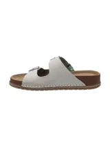 Sandalia de cuero color blanco de la marca RKF, modelo Rosine, con diseño de dos tiras ajustables con hebillas metálicas, plantilla anatómica y suela de poliuretano.