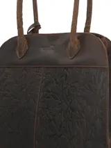Cartera tipo bowling de cuero 100% natural, color marrón oscuro, con doble asa de hombro y diseño grabado con motivos de hojas.