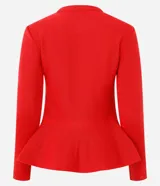 Saco de tricot negro con diseño peplum, cuello redondo, mangas largas y cierre frontal con botones. Presenta un corte ajustado en el torso que se ensancha en la cintura.
