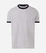 Remera Marfinno de corte slim y mangas cortas, con diseño de rayas horizontales finas bicolor en blanco y negro, y detalles contrastantes en cuello redondo y puños.