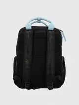 Mochila Hush Puppies de diseño funcional en color negro con detalles en celeste pastel. Cuenta con múltiples compartimentos con cierre, incluyendo bolsillo frontal, laterales y compartimento para laptop. Posee manijas superiores y correas ajustables.