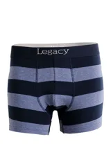Boxer de algodón con rayas horizontales azul marino y celeste, con cintura elástica azul marino con la marca Legacy en blanco.