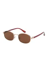 Lentes de sol con montura metálica ovalada dorada y cristales oscuros.