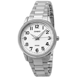Reloj Casio analógico para mujer, con caja y correa de acero inoxidable plateado. Esfera blanca con números arábigos negros y manecillas plateadas. Indicador de resistencia al agua WR 50M.