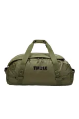 Bolso de lona Thule Chasm de 70 litros, color verde oliva, resistente a la intemperie. Cuenta con cierre de boca ancha, correas convertibles en mochila y bolsillos internos de malla.