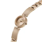 Reloj analógico Guess modelo Holly con caja y brazalete de acero inoxidable en tono oro rosa. La esfera de 23 mm presenta un diseño minimalista con índices de cristal y acabado texturizado.