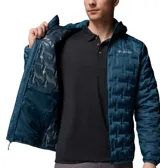 Campera con capucha de plumón, color azul, con tecnología HeatSeal de construcción sin costuras y forro termorreflectante Omni-Heat. Presenta cierre frontal completo, bolsillos laterales con cremallera y ribetes elásticos en puños, dobladillo y capucha.