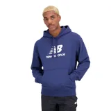 Canguro New Balance de felpa francesa, color azul marino, con capucha ajustable con cordones, bolsillo frontal tipo canguro y logo de la marca estampado en el pecho.