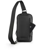Bandolera tipo sling bag marca Baleine, modelo Atlanta, de diseño ultrafino y ligero. Fabricada en poliéster impermeable y detalles en símil cuero, cuenta con correa reforzada ajustable para uso ambidiestro, bolsillo frontal con velcro y bolsillo trasero de seguridad con cierre.