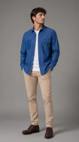 Camisa de jean de manga larga con cuello italiano, cierre frontal con botones y bolsillos en el pecho.