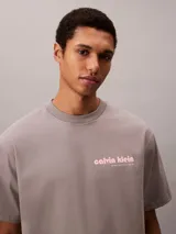 Remera gris de corte regular y mangas cortas, con cuello redondo y el logotipo de Calvin Klein bordado en color rosado en el pecho.