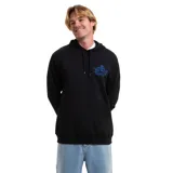 Canguro negro de algodón con capucha y cordones ajustables. Presenta un estampado gráfico pequeño en el pecho con la inscripción 'Eddie Big Wave Waimea Bay' en tonos azules.