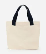 Bolsa de tela color beige con estampado de sirena en azul marino y asas reforzadas del mismo color.