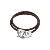 Pulsera de cuero marrón doble con mosquetón entrelazado bañado en plata.