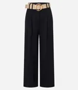 Pantalón wide leg de tiro alto en tejido de viscolino, con cierre tradicional, trabillas en la cintura y pliegues frontales.