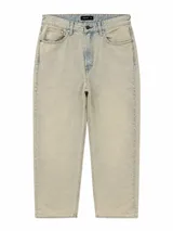 Jean de corte recto y tiro medio, confeccionado en denim de color celeste claro con efecto desgastado.