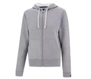 Campera con cierre frontal y capucha, confeccionada en tejido de punto gris melange. Presenta bolsillos tipo canguro, puños y ruedo acanalados, y cordones ajustables en la capucha.