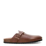 Zueco negro de mujer con suela de goma negra y plantilla de corcho. Presenta una tira ancha ajustable con hebilla metálica sobre el empeine.