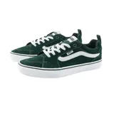 Championes urbanos Vans Filmore de lona y gamuza verde oscuro, con la clásica franja lateral Sidestripe en blanco, cordones blancos y suela de goma blanca con banda negra.