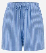 Short de viscosa y lino a rayas verticales azules y blancas, con cintura elástica ajustable con cordón.