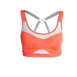 Top deportivo Asics de mujer color naranja con tiras cruzadas grises en la espalda y paneles de malla en el frente y los laterales. Cuenta con copas moldeadas perforadas y cierre Q ring para un ajuste personalizado.