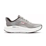 Championes de running Skechers Max Run - Pacewave, color gris con detalles en rosado y negro. Presentan una parte superior de malla transpirable, entresuela gruesa blanca con tecnología MAX RUN y suela exterior Goodyear Performance.