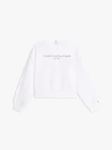 Buzo de cuello redondo Tommy Hilfiger color blanco, de manga larga, confeccionado en mezcla de algodón y poliéster reciclado, con el logo de la marca bordado en el pecho.