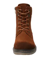 Botín acordonado color marrón de cuero gamuzado con cuello tejido en color beige.