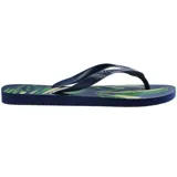 Ojotas Havaianas negras con estampado de hojas en blanco y gris.