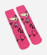 Medias de caña larga color rosado, con estampado del personaje Dino de Los Picapiedras en el lateral.
