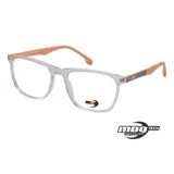 Anteojos de receta MDQ modelo Z07 con marco frontal de acetato transparente y patillas combinadas en color naranja con detalle texturizado.