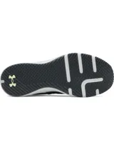 Championes de entrenamiento Under Armour Charged Engage 2, color negro con detalles en verde lima y suela blanca. Presentan parte superior transpirable con estampado 3D, refuerzos de TPU en el talón y entresuela Charged Cushioning para mayor amortiguación y respuesta.