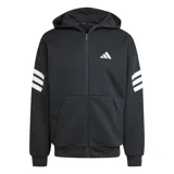Campera con capucha y cierre frontal Adidas, color negro con las icónicas tres franjas blancas en las mangas y logo de la marca en el pecho. Cuenta con bolsillos laterales y puños acanalados.