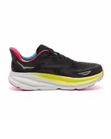 Championes Hoka Clifton 9 color negro con detalles en amarillo, rosa y celeste.