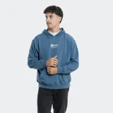 Canguro gris jaspeado con capucha, bolsillo frontal tipo canguro y logo de la marca estampado en el pecho.