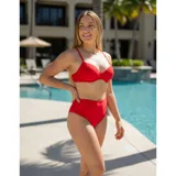 Bikini de dos piezas color amarillo, compuesto por un corpiño tipo triángulo con aros y una bombacha de tiro medio estilo culotte.
