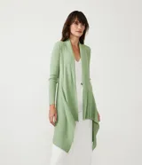 Cardigan alargado de punto texturizado color verde menta, con abertura total y puntas asimétricas.