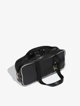Bolso tipo bowling de diseño alargado en color negro con ribetes blancos. Presenta doble asa superior, cierre principal con cremallera y detalle frontal de hebilla metálica dorada con el logo del trébol de Adidas.
